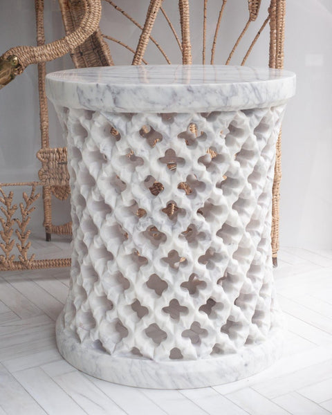 CONTEMPORARY HAND CARVED WHITE MARBLE JALI TABLE