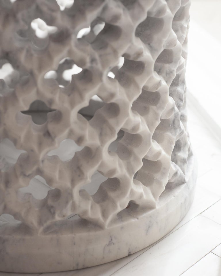 CONTEMPORARY HAND CARVED WHITE MARBLE JALI TABLE