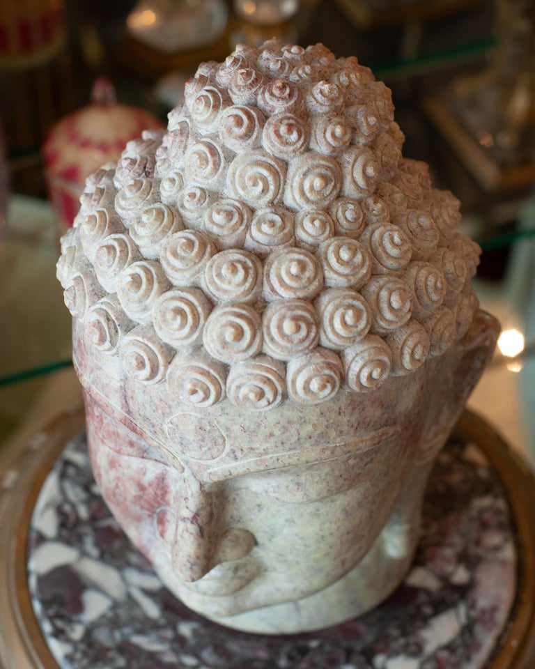MID CENTURY HAND CARVED MARBLE BUDDHA HEAD SCULPTURE