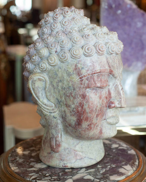 MID CENTURY HAND CARVED MARBLE BUDDHA HEAD SCULPTURE