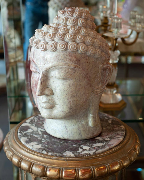 MID CENTURY HAND CARVED MARBLE BUDDHA HEAD SCULPTURE
