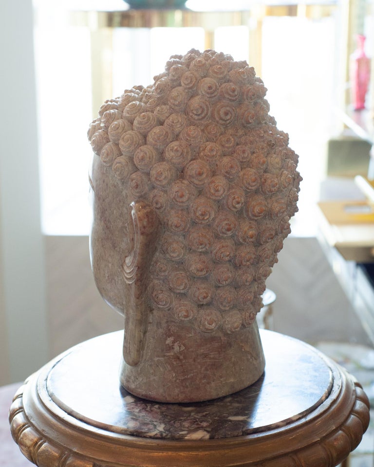 MID CENTURY HAND CARVED MARBLE BUDDHA HEAD SCULPTURE