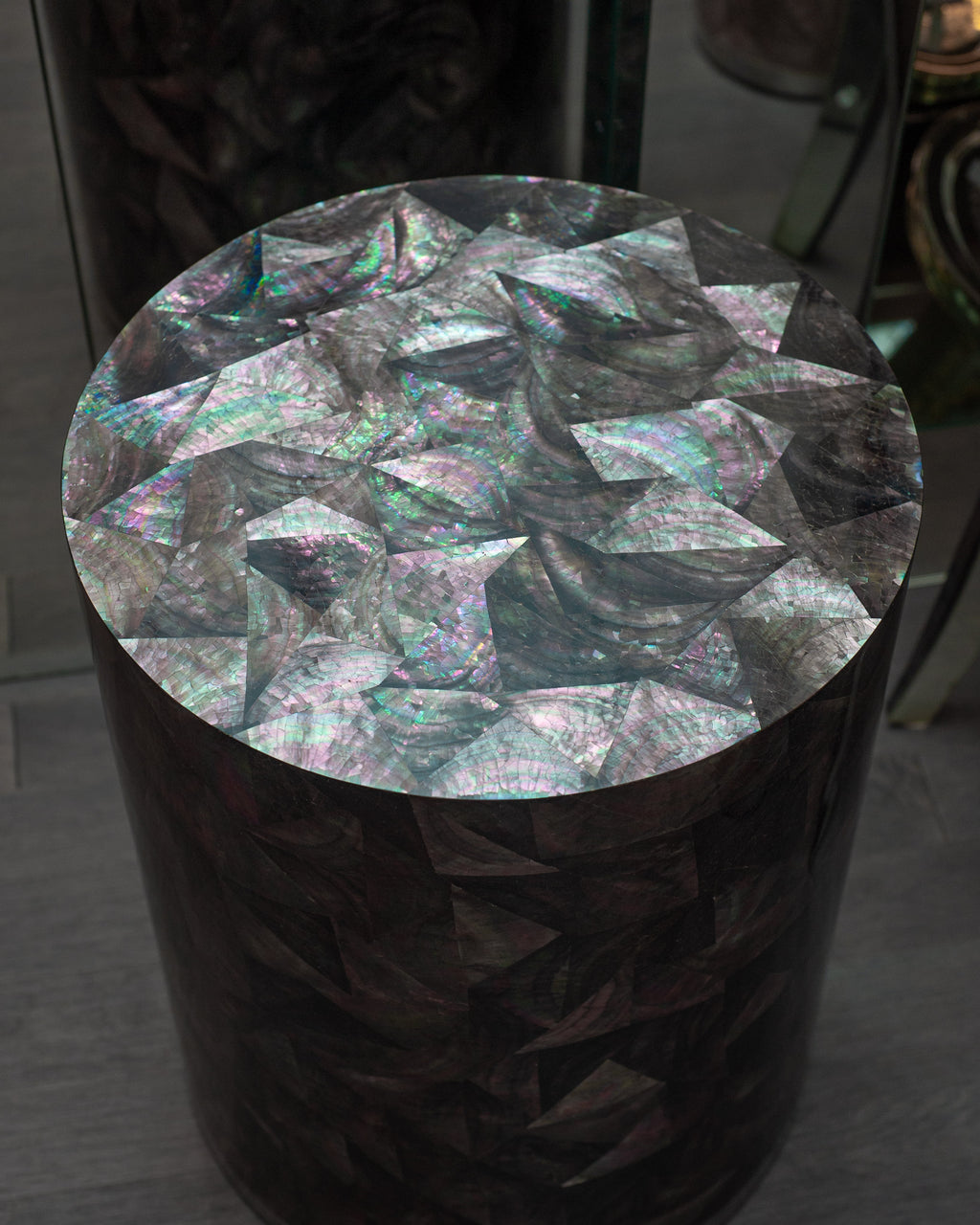 CONTEMPORARY BLACK MOTHER OF PEARL DRUM TABLE