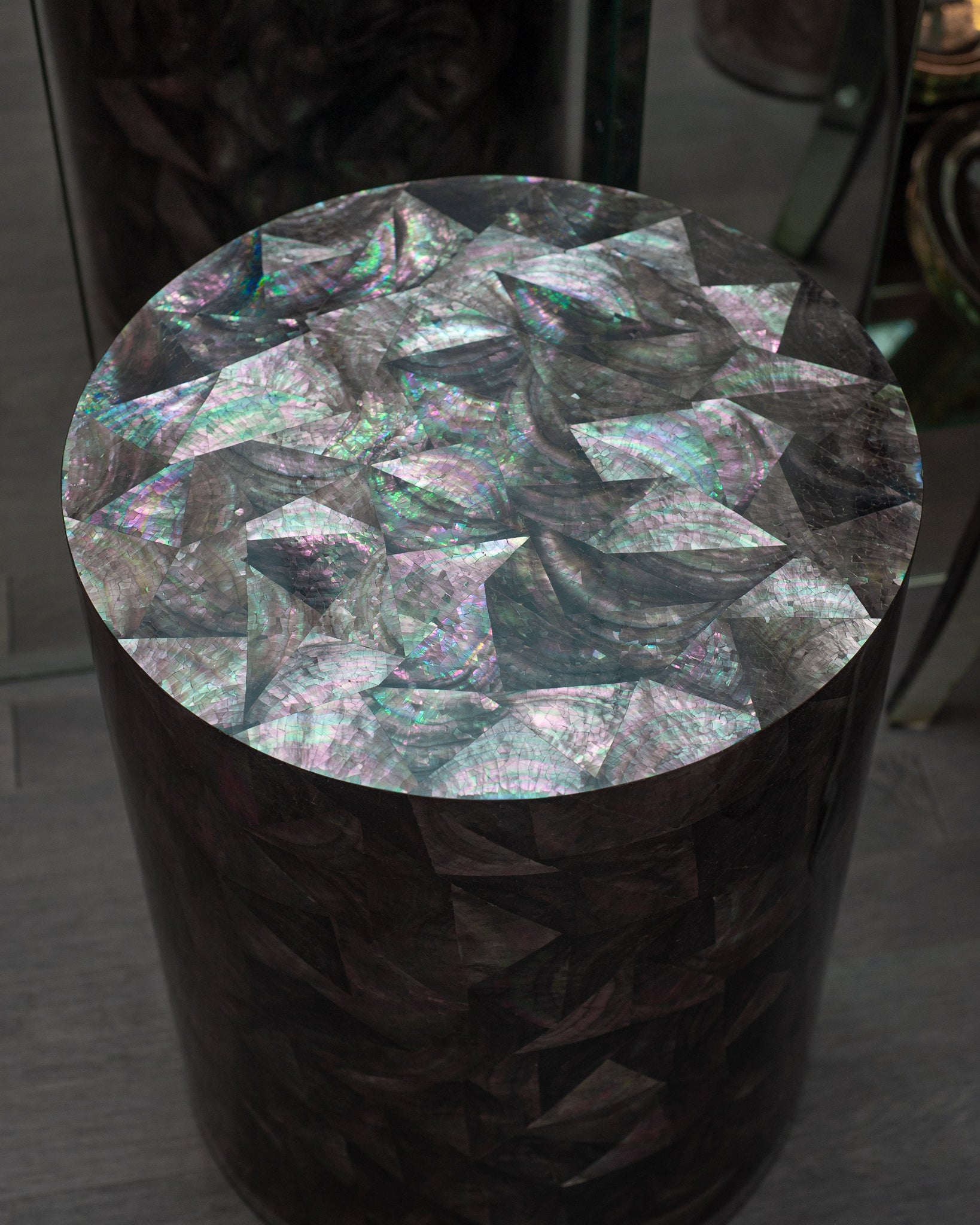 CONTEMPORARY BLACK MOTHER OF PEARL DRUM TABLE