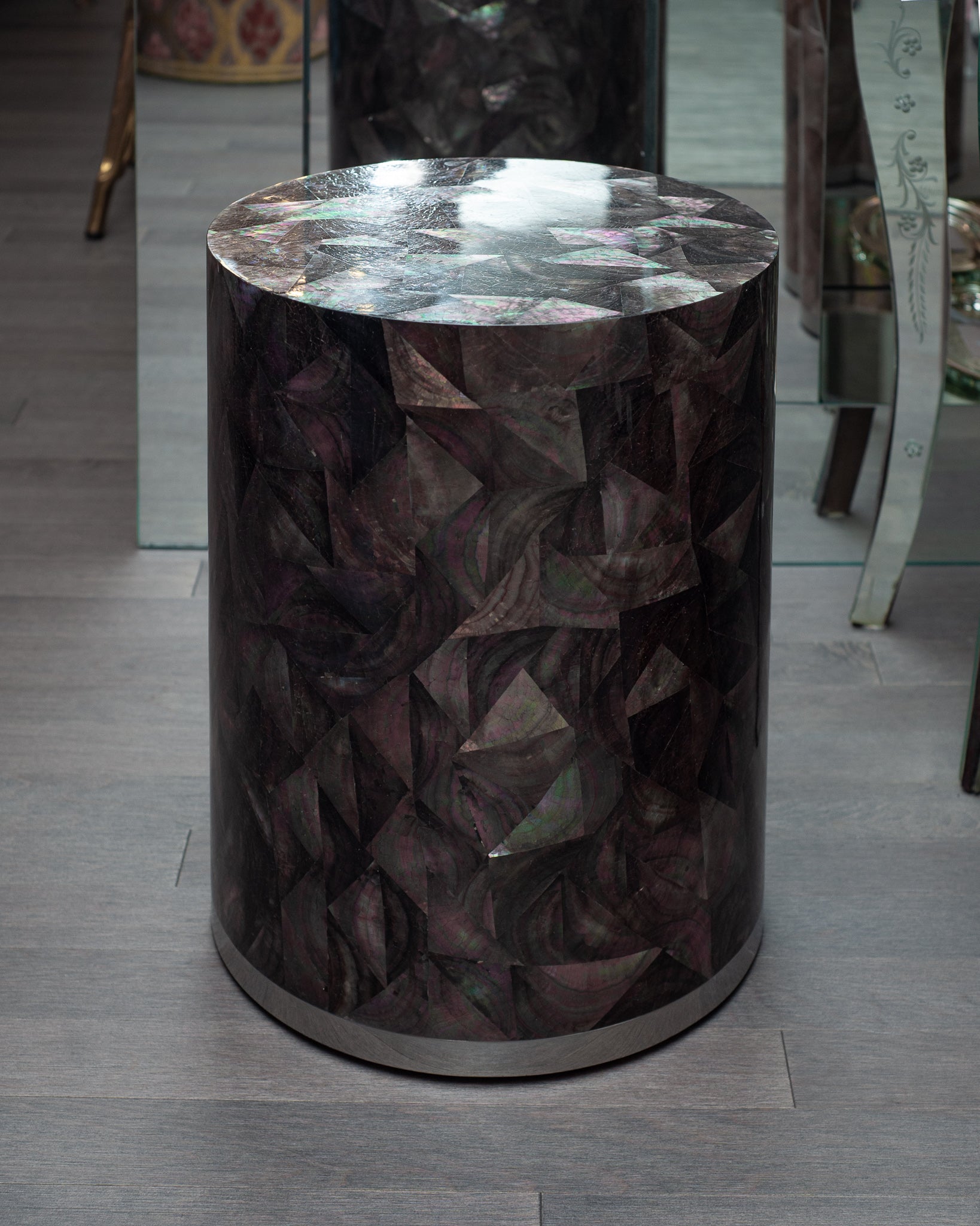 CONTEMPORARY BLACK MOTHER OF PEARL DRUM TABLE