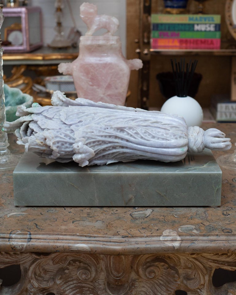 STUDIO MAISON NURITA ANTIQUE CARVED JADE CABBAGE ON A CUSTOM MARBLE BASE
