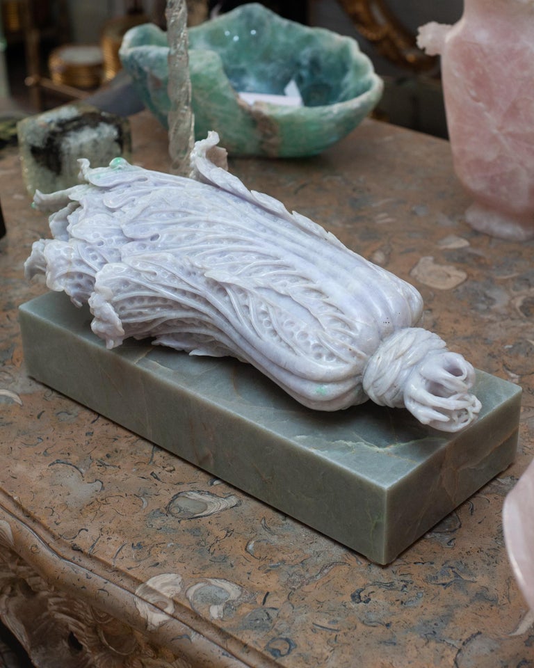STUDIO MAISON NURITA ANTIQUE CARVED JADE CABBAGE ON A CUSTOM MARBLE BASE