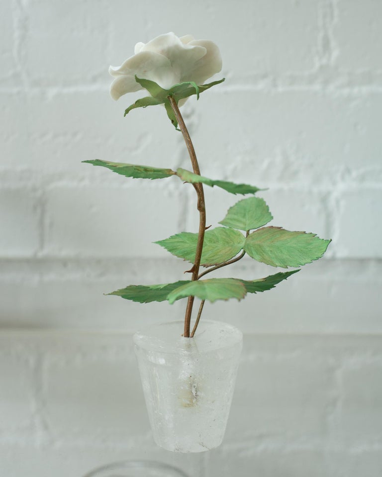 BISCUIT PORCELAIN ROSE IN ROCK CRYSTAL POT
