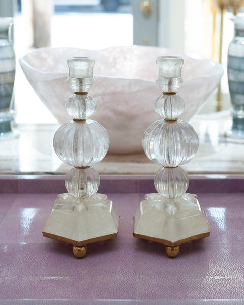 CONTEMPORARY PAIR CLEAR ROCK CRYSTAL QUARTZ CANDLESTICKS WITH STAR MOTIF