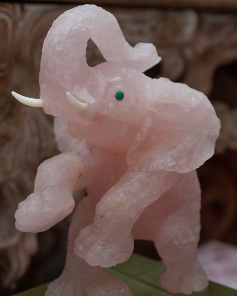 MID CENTURY HAND CARVED ROSE QUARTZ ELEPHANT SCULPTURE