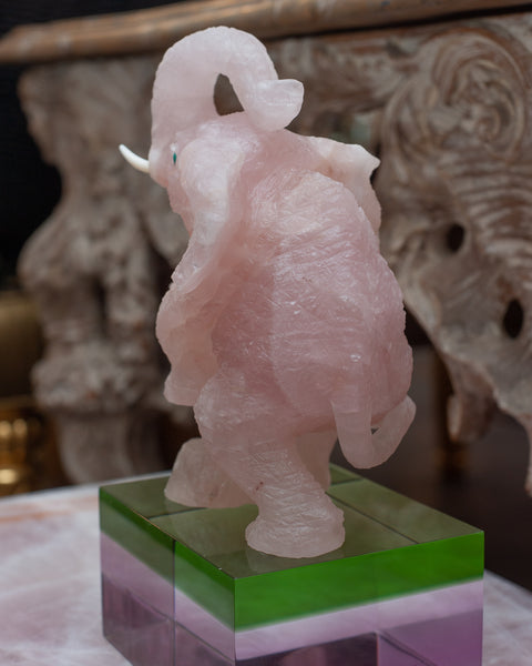 MID CENTURY HAND CARVED ROSE QUARTZ ELEPHANT SCULPTURE