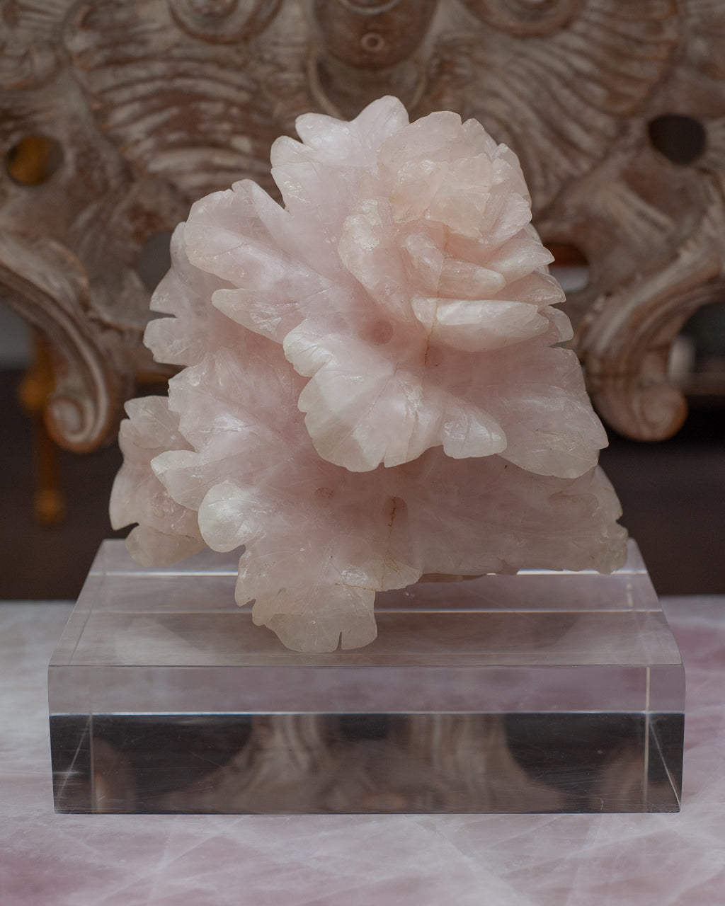 ANTIQUE CHINESE ROSE QUARTZ FLOWER SCULPTURE