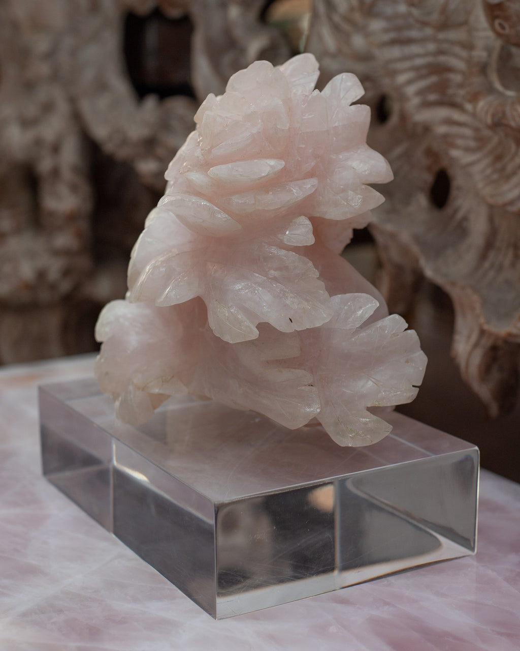 ANTIQUE CHINESE ROSE QUARTZ FLOWER SCULPTURE