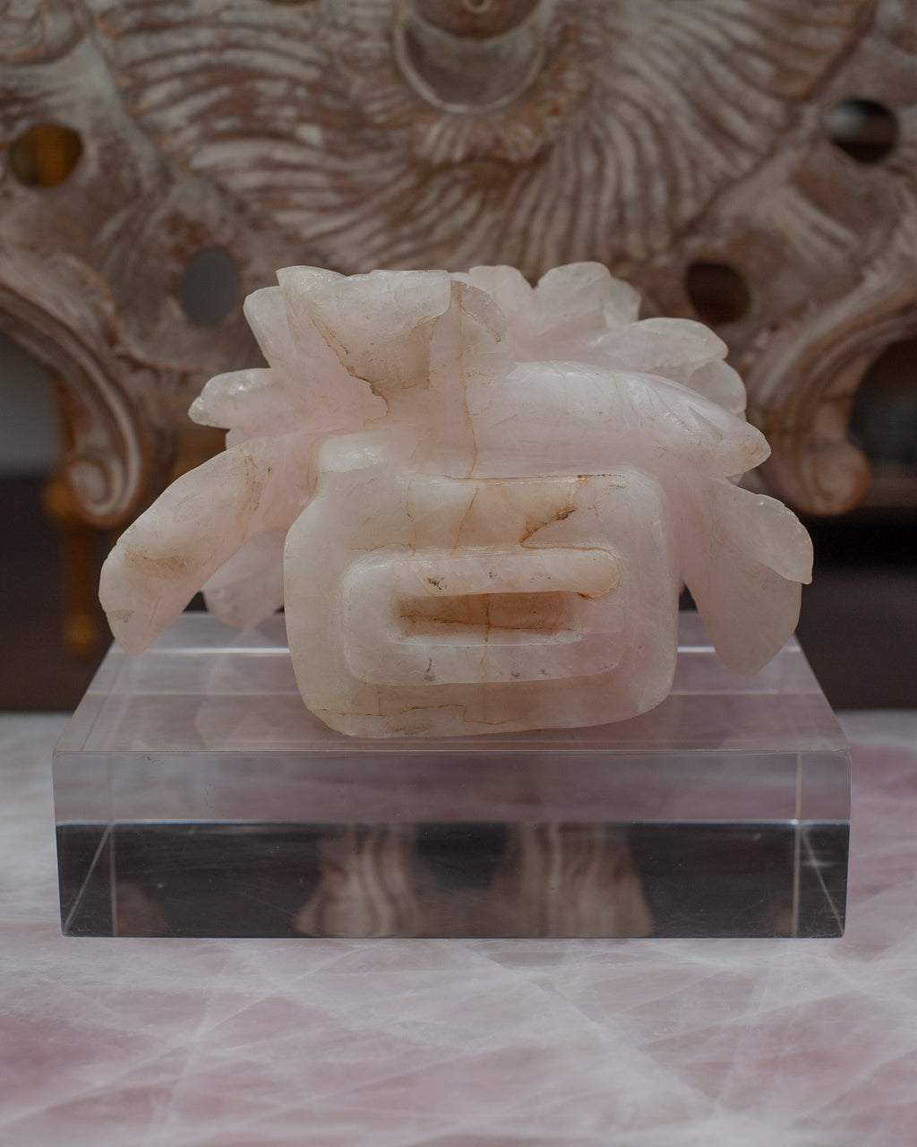 ANTIQUE CHINESE ROSE QUARTZ FLOWER SCULPTURE