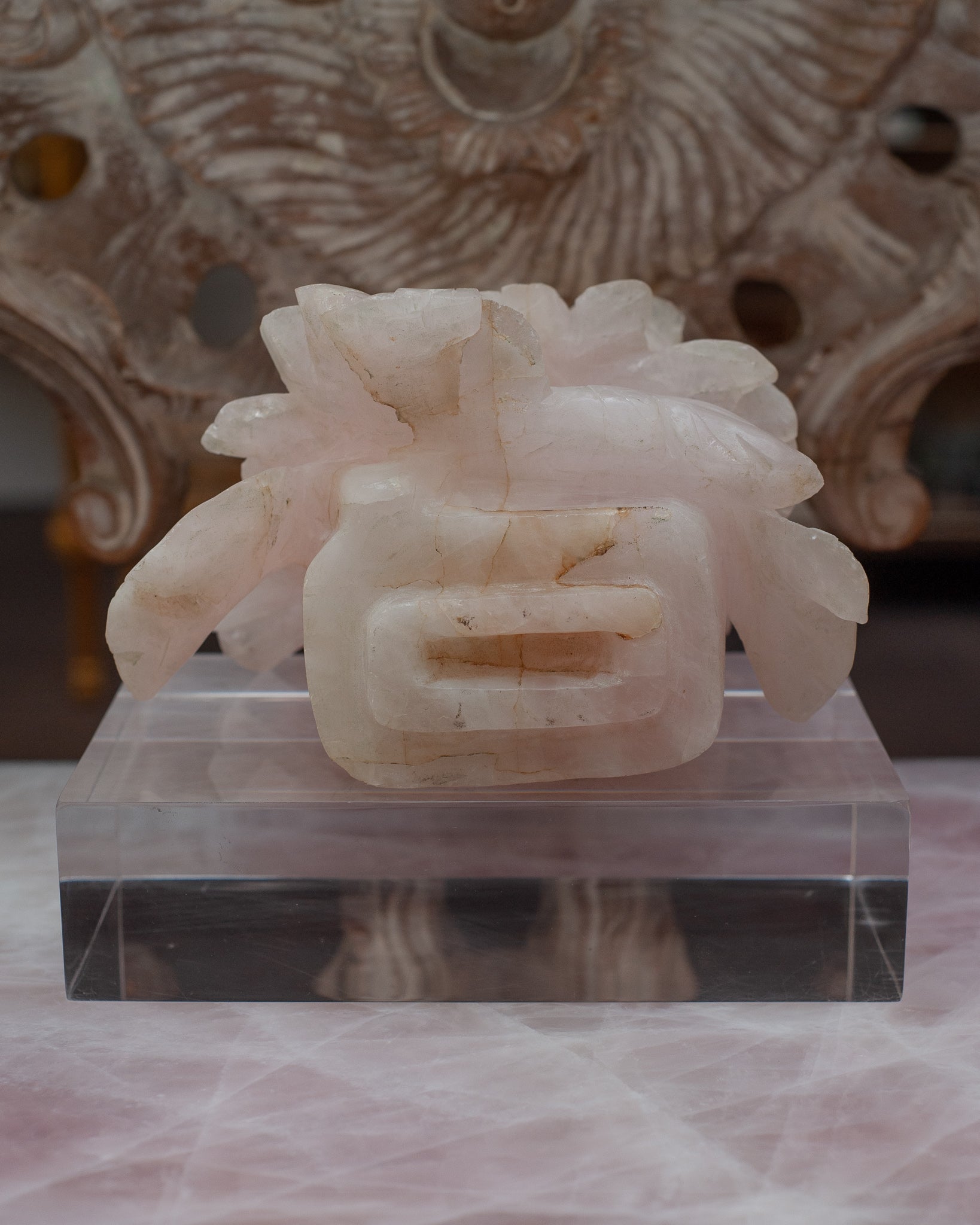 ANTIQUE CHINESE ROSE QUARTZ FLOWER SCULPTURE