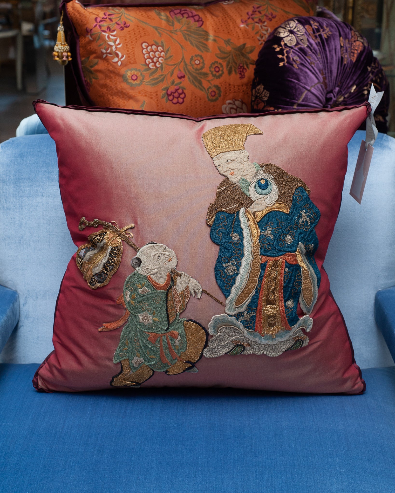 STUDIO MAISON NURITA RED / ORANGE SILK PILLOW WITH ANTIQUE ASIAN EMBROIDERIES