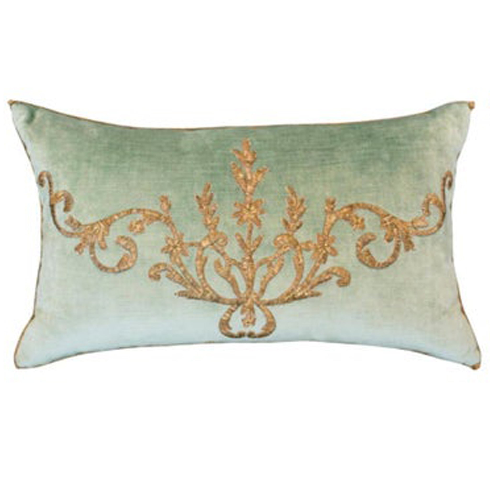 PAIR OF AQUA VELVET PILLOWS WITH ANTIQUE OTTOMAN EMPIRE METALLIC EMBROIDERY