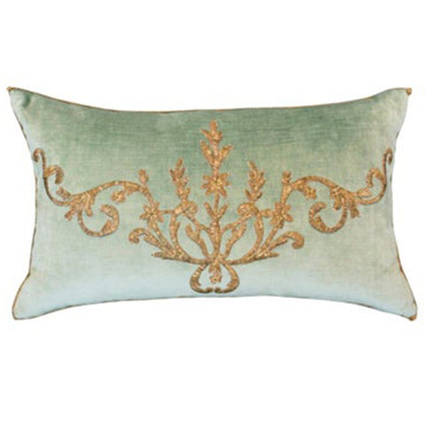 PAIR OF AQUA VELVET PILLOWS WITH ANTIQUE OTTOMAN EMPIRE METALLIC EMBROIDERY