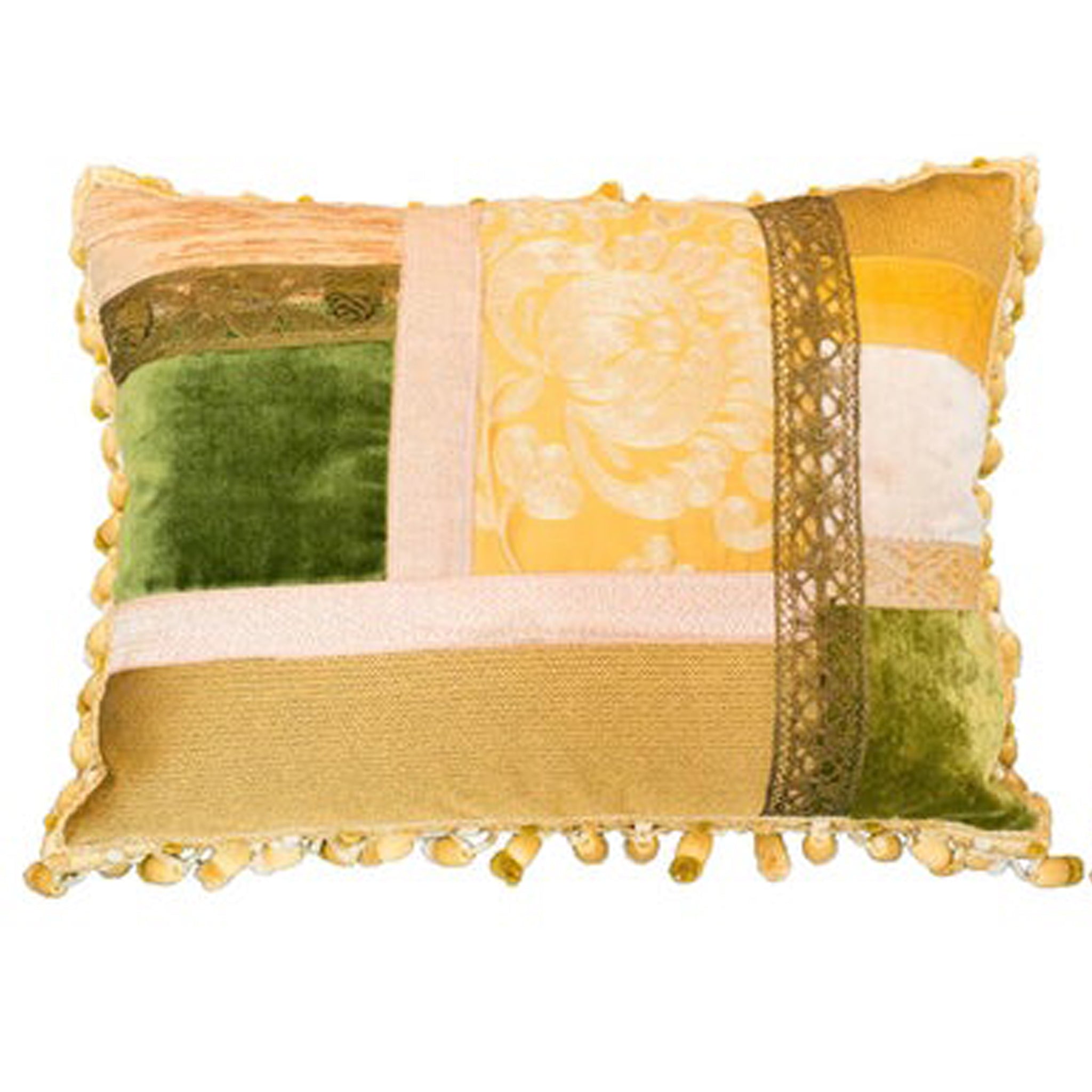 PAIR OF STUDIO MAISON NURITA PATCHWORK SILK & VELVET PILLOW WITH METALLIC GIMP AND TASSEL TRIM