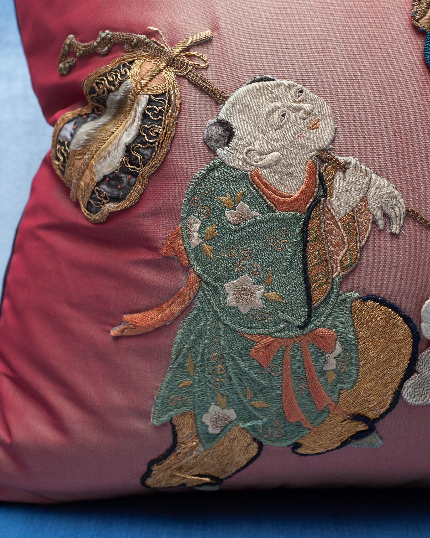 STUDIO MAISON NURITA RED / ORANGE SILK PILLOW WITH ANTIQUE ASIAN EMBROIDERIES