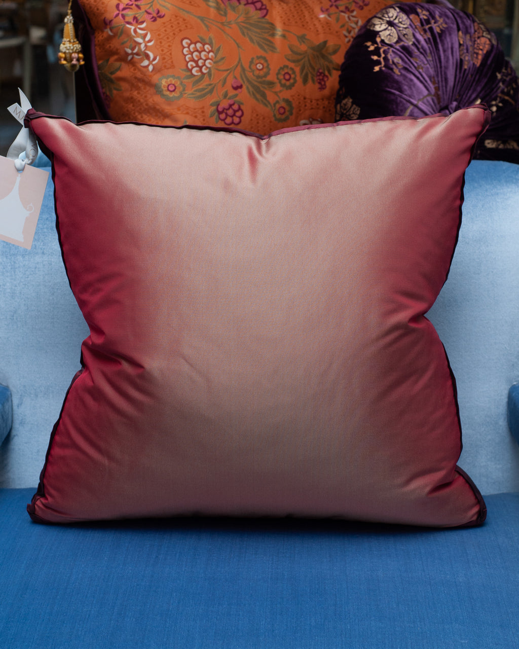 STUDIO MAISON NURITA RED / ORANGE SILK PILLOW WITH ANTIQUE ASIAN EMBROIDERIES