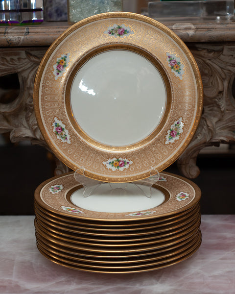 ANTIQUE SET OF 12 FLORAL & GOLD ENGLISH DISHES