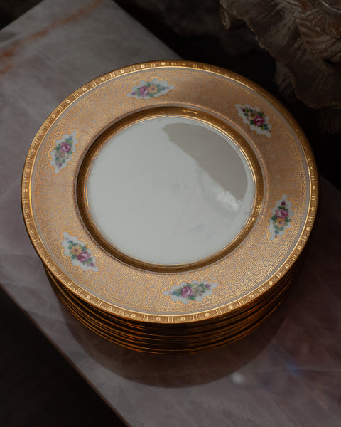 ANTIQUE SET OF 12 FLORAL & GOLD ENGLISH DISHES