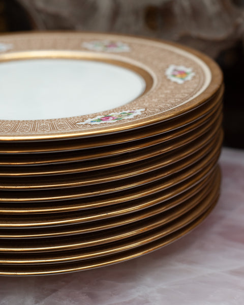 ANTIQUE SET OF 12 FLORAL & GOLD ENGLISH DISHES