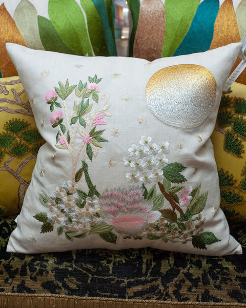 CONTEMPORARY LARGE EMBROIDERED PILLOW WITH MOON AND FLORAL MOTIFS ON LINEN