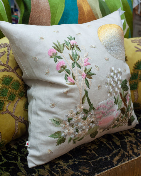 CONTEMPORARY LARGE EMBROIDERED PILLOW WITH MOON AND FLORAL MOTIFS ON LINEN