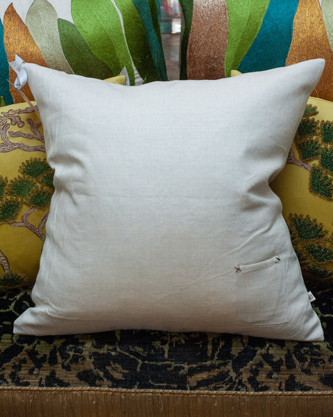 CONTEMPORARY LARGE EMBROIDERED PILLOW WITH MOON AND FLORAL MOTIFS ON LINEN