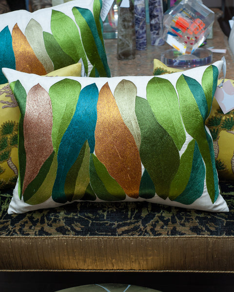 CONTEMPORARY LARGE EMBROIDERED PILLOW WITH GREEN AND GOLD LEAVES ON LINEN