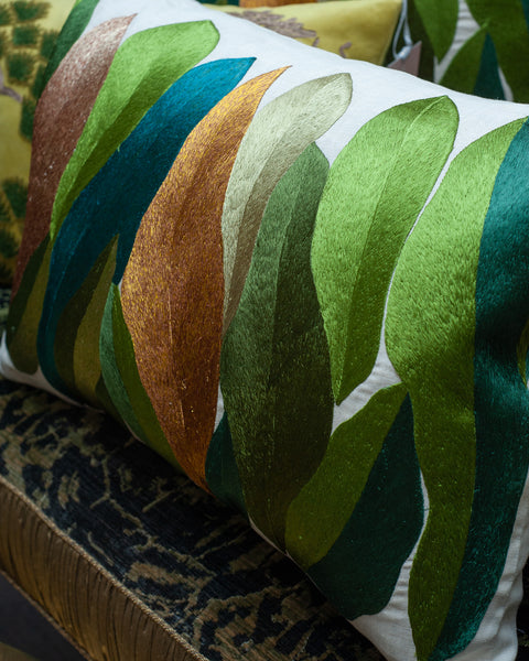 CONTEMPORARY LARGE EMBROIDERED PILLOW WITH GREEN AND GOLD LEAVES ON LINEN