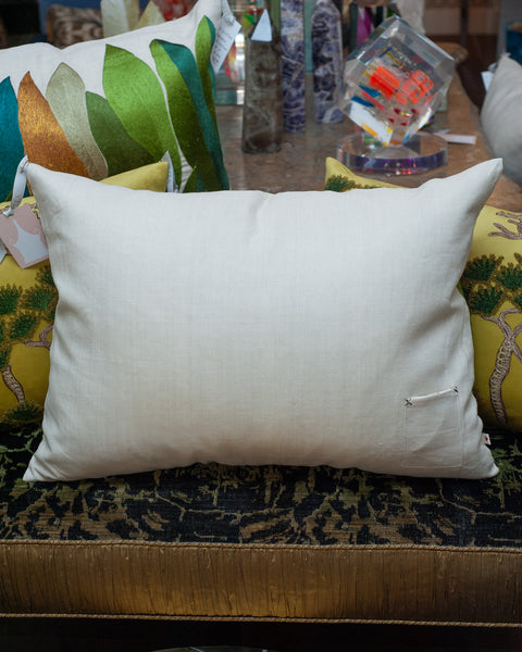 CONTEMPORARY LARGE EMBROIDERED PILLOW WITH GREEN AND GOLD LEAVES ON LINEN