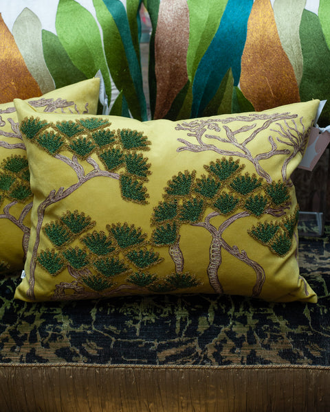 CONTEMPORARY EMBROIDERED PILLOW ON YELLOW GREEN ULTRASUEDE WITH PINE TREES