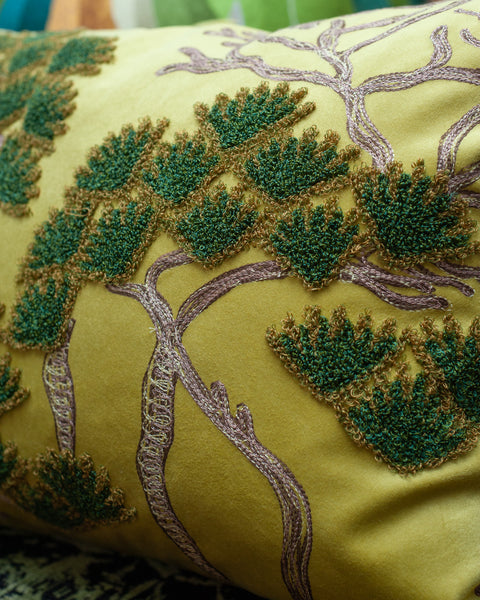 CONTEMPORARY EMBROIDERED PILLOW ON YELLOW GREEN ULTRASUEDE WITH PINE TREES