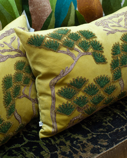 CONTEMPORARY EMBROIDERED PILLOW ON YELLOW GREEN ULTRASUEDE WITH PINE TREES