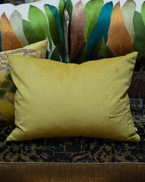 CONTEMPORARY EMBROIDERED PILLOW ON YELLOW GREEN ULTRASUEDE WITH PINE TREES