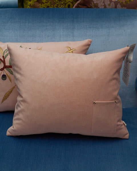 CONTEMPORARY EMBROIDERED PILLOW ON SOFT PINK ULTRASUEDE WITH DOVE & OLIVE BRANCH