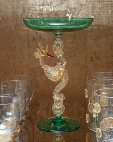 CONTEMPORARY MURANO GLASS COMPOTE IN GREEN WITH GOLD LEAF DRAGON