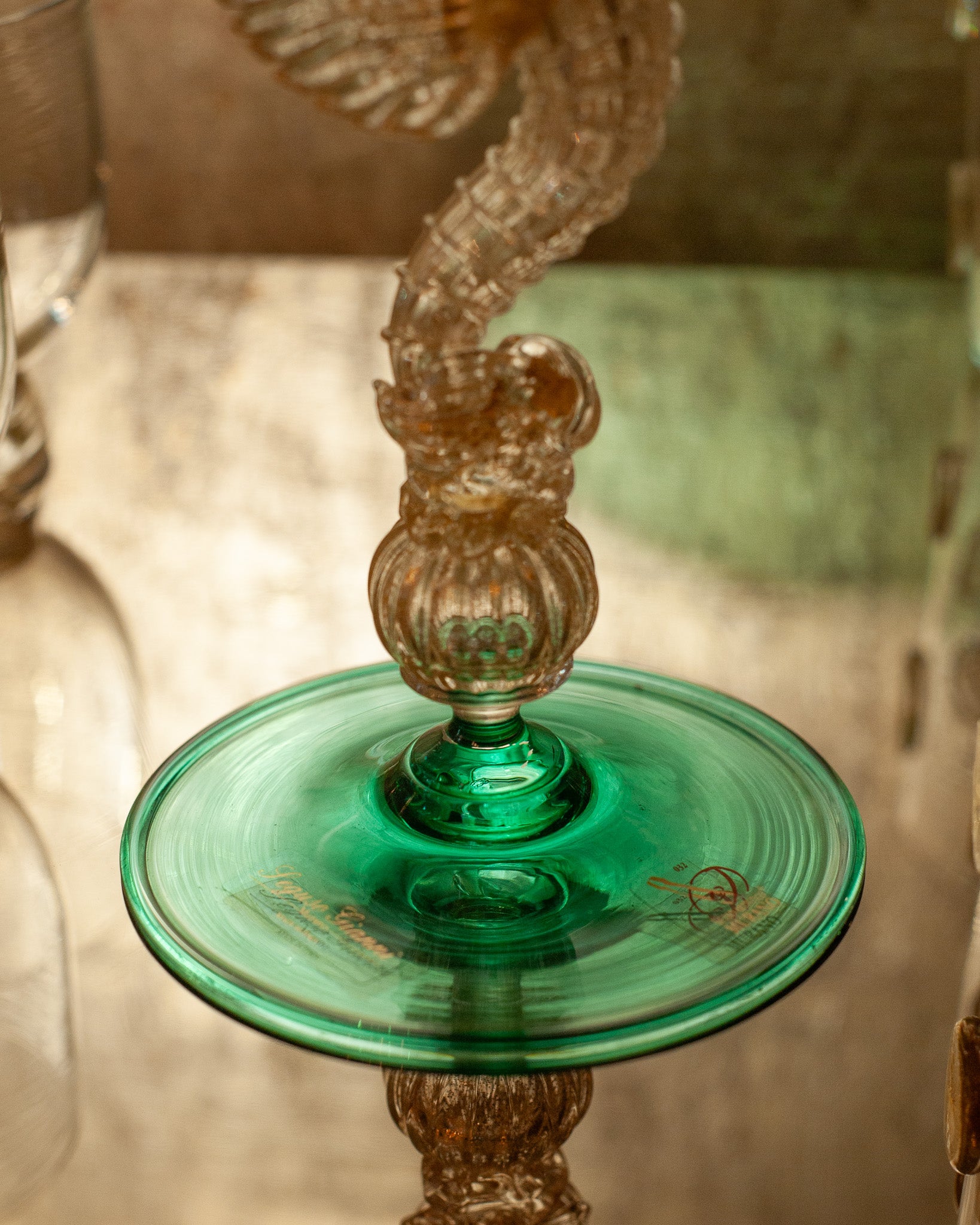 CONTEMPORARY MURANO GLASS COMPOTE IN GREEN WITH GOLD LEAF DRAGON