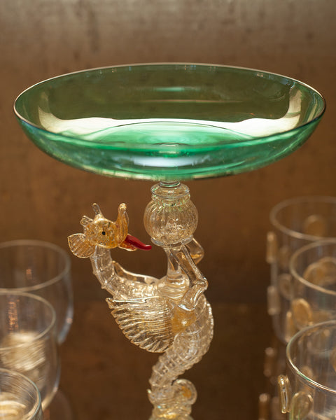 CONTEMPORARY MURANO GLASS COMPOTE IN GREEN WITH GOLD LEAF DRAGON