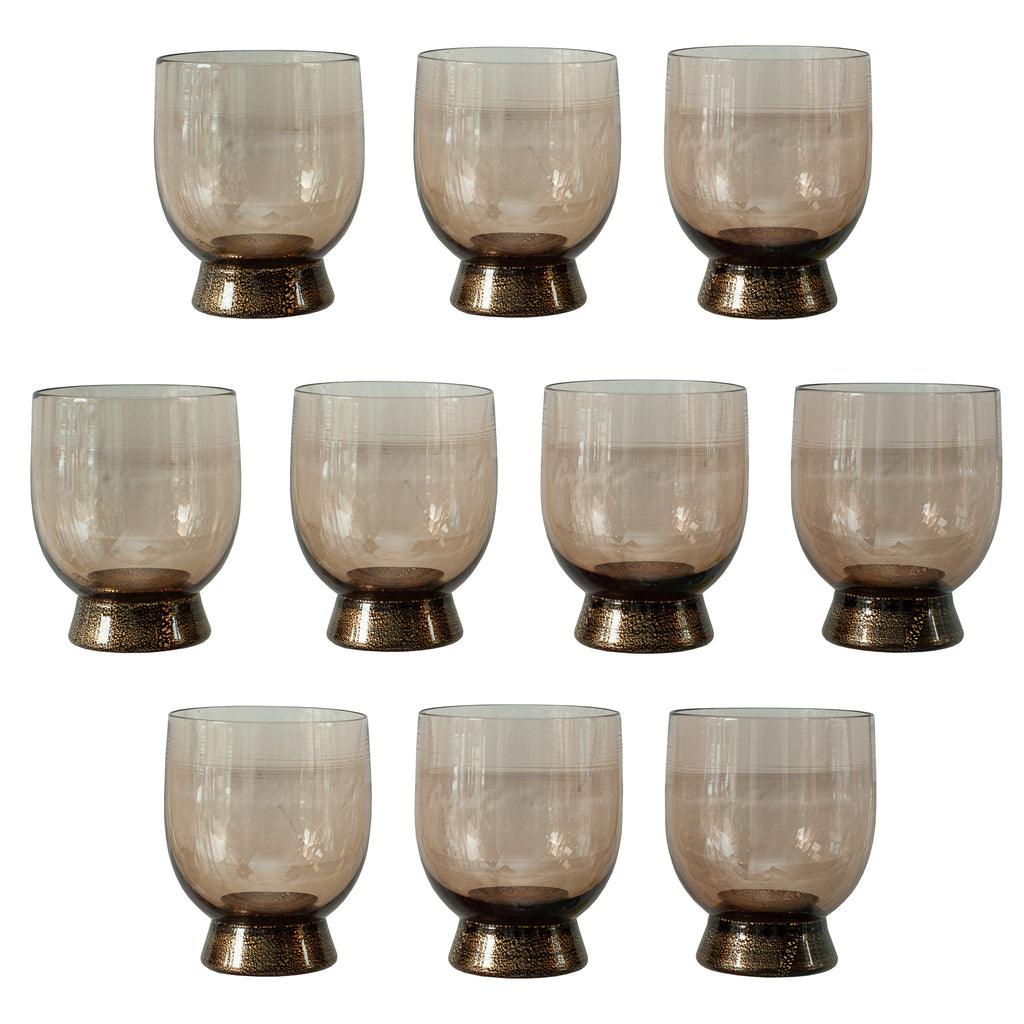 CONTEMPORARY SET OF 10 BELL SHAPED MURANO TUMBLERS IN SMOKE WITH GOLD LEAF BASE