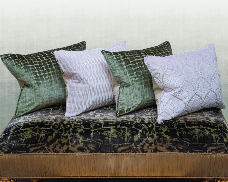 CONTEMPORARY BEVILACQUA GREEN SILK VELVET PILLOWS IN CROCODILE PATTERN