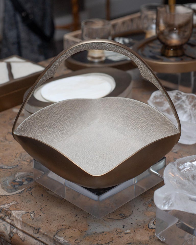 CONTEMPORARY R & Y AUGOUSTI BRASS BASKET WITH HANDLE AND INLAID CREME SHAGREEN