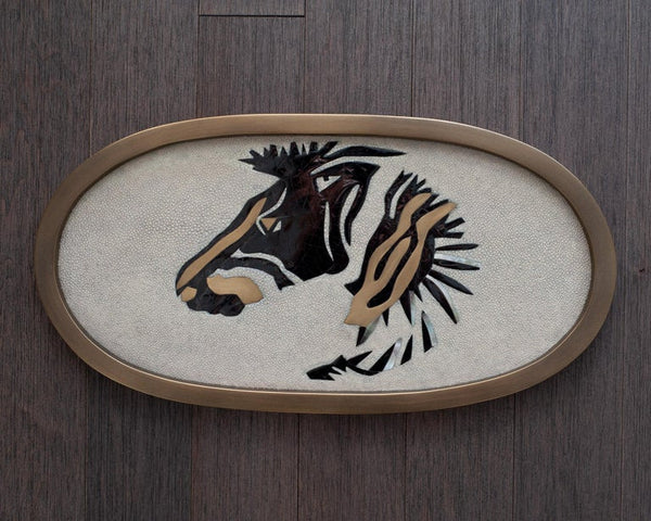 CONTEMPORARY KIFU PARIS ZEBRA TRAY WITH INLAID BRASS, SHAGREEN AND PENSHELL