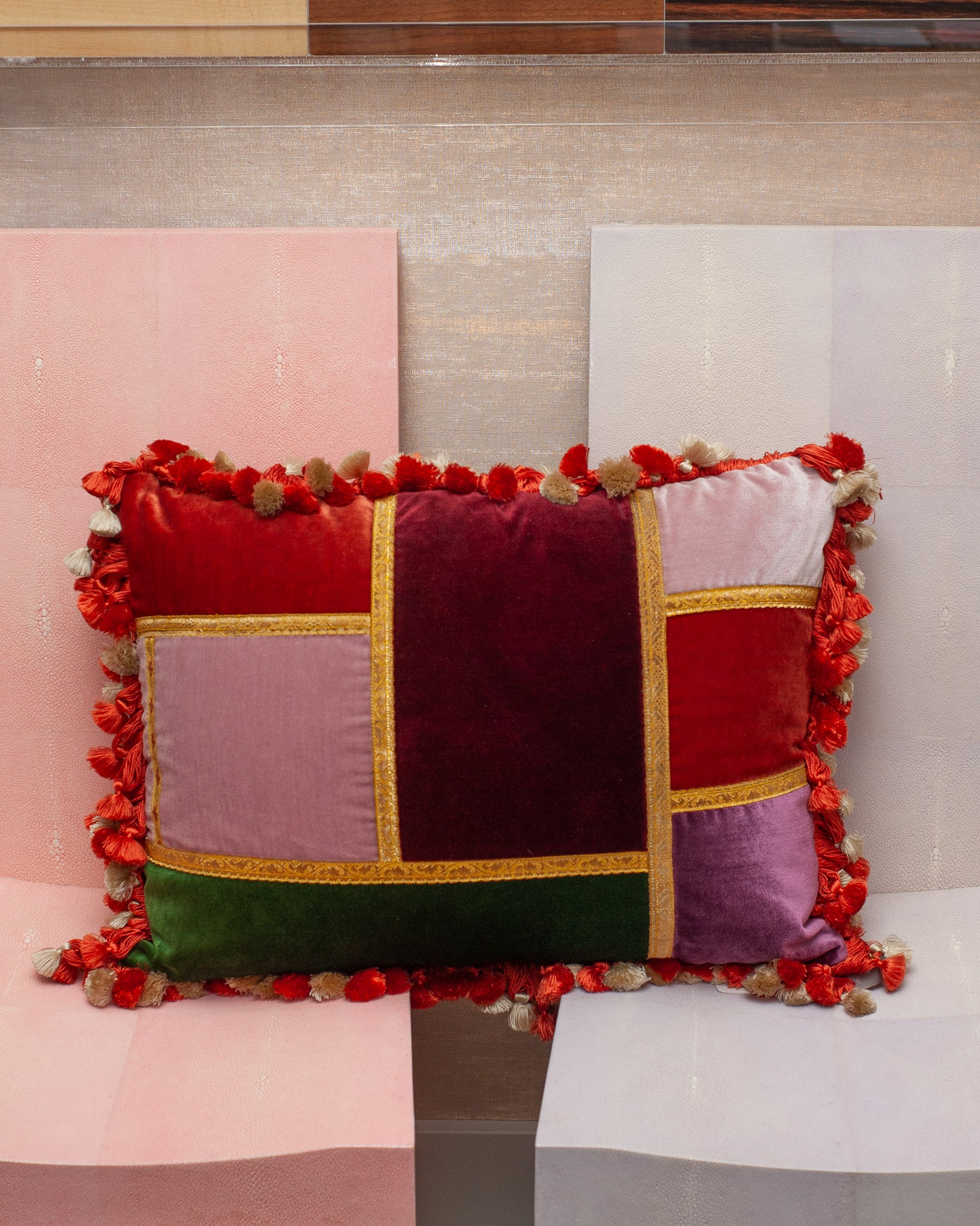 STUDIO MAISON NURITA PATCHWORK SILK VELVET PILLOW WITH GIMP AND TASSEL TRIM