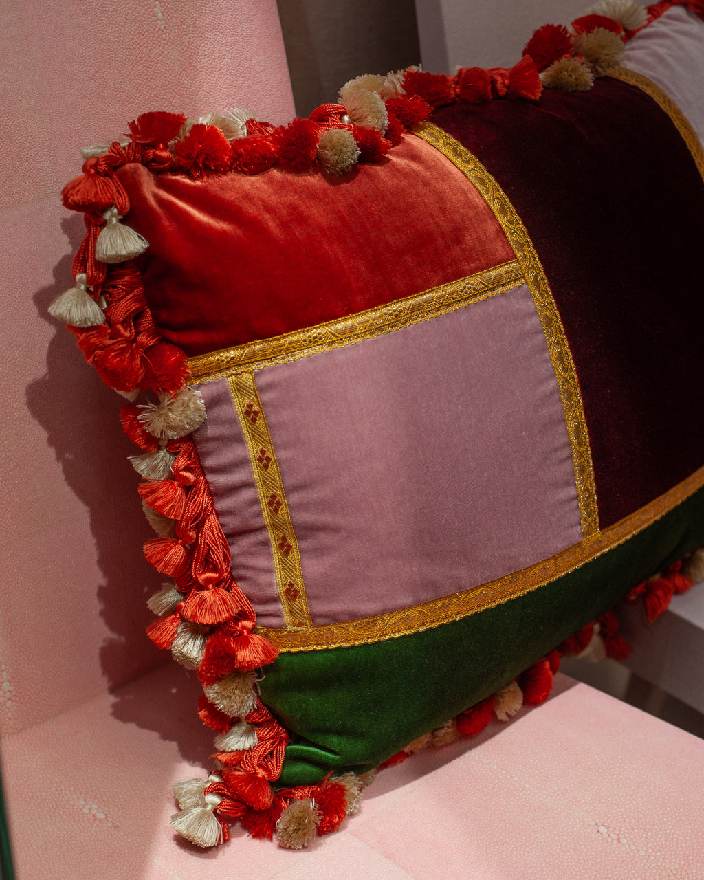 STUDIO MAISON NURITA PATCHWORK SILK VELVET PILLOW WITH GIMP AND TASSEL TRIM