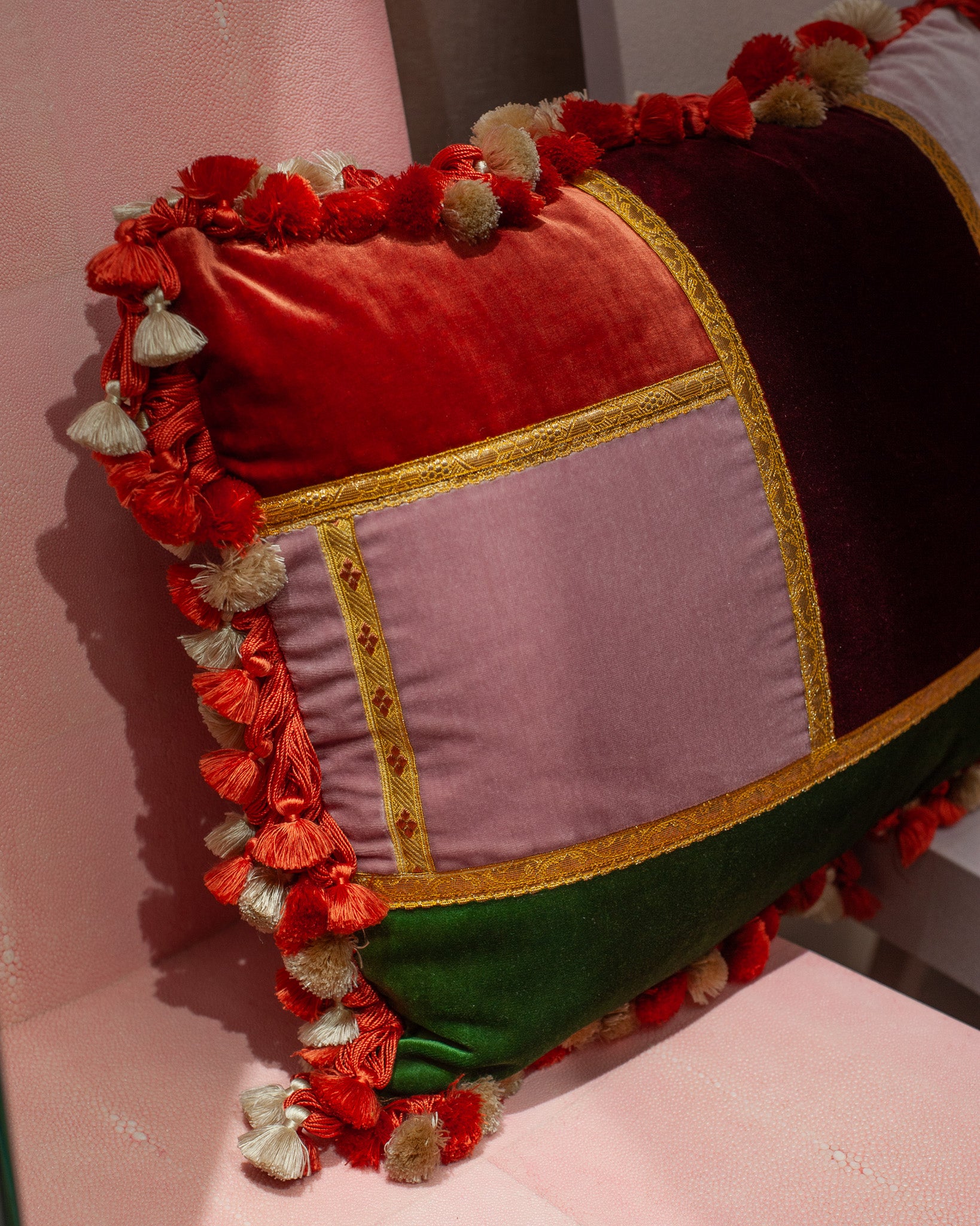 STUDIO MAISON NURITA PATCHWORK SILK VELVET PILLOW WITH GIMP AND TASSEL TRIM