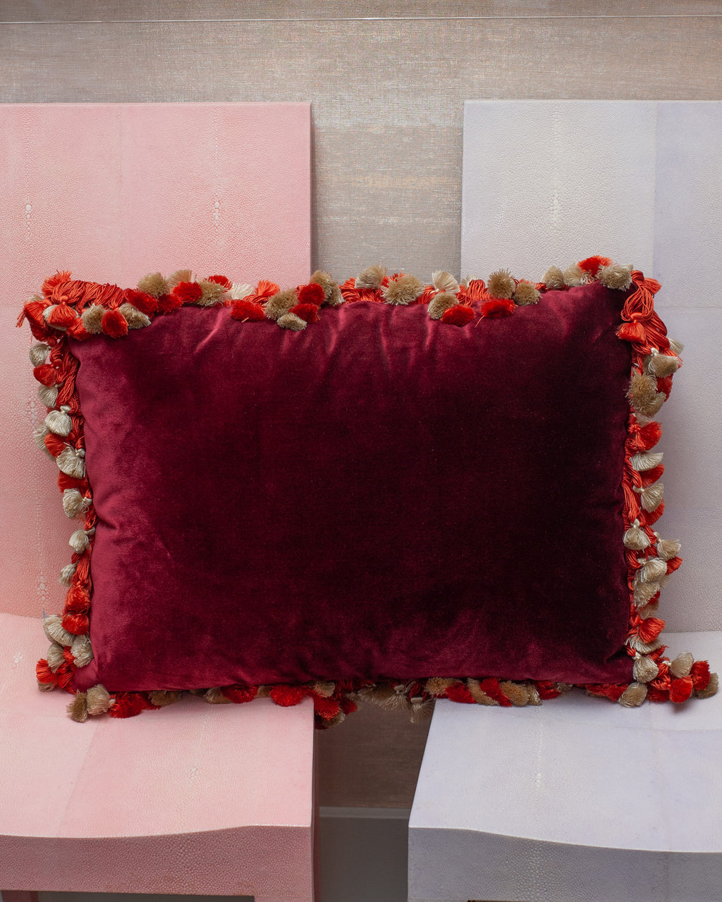 STUDIO MAISON NURITA PATCHWORK SILK VELVET PILLOW WITH GIMP AND TASSEL TRIM